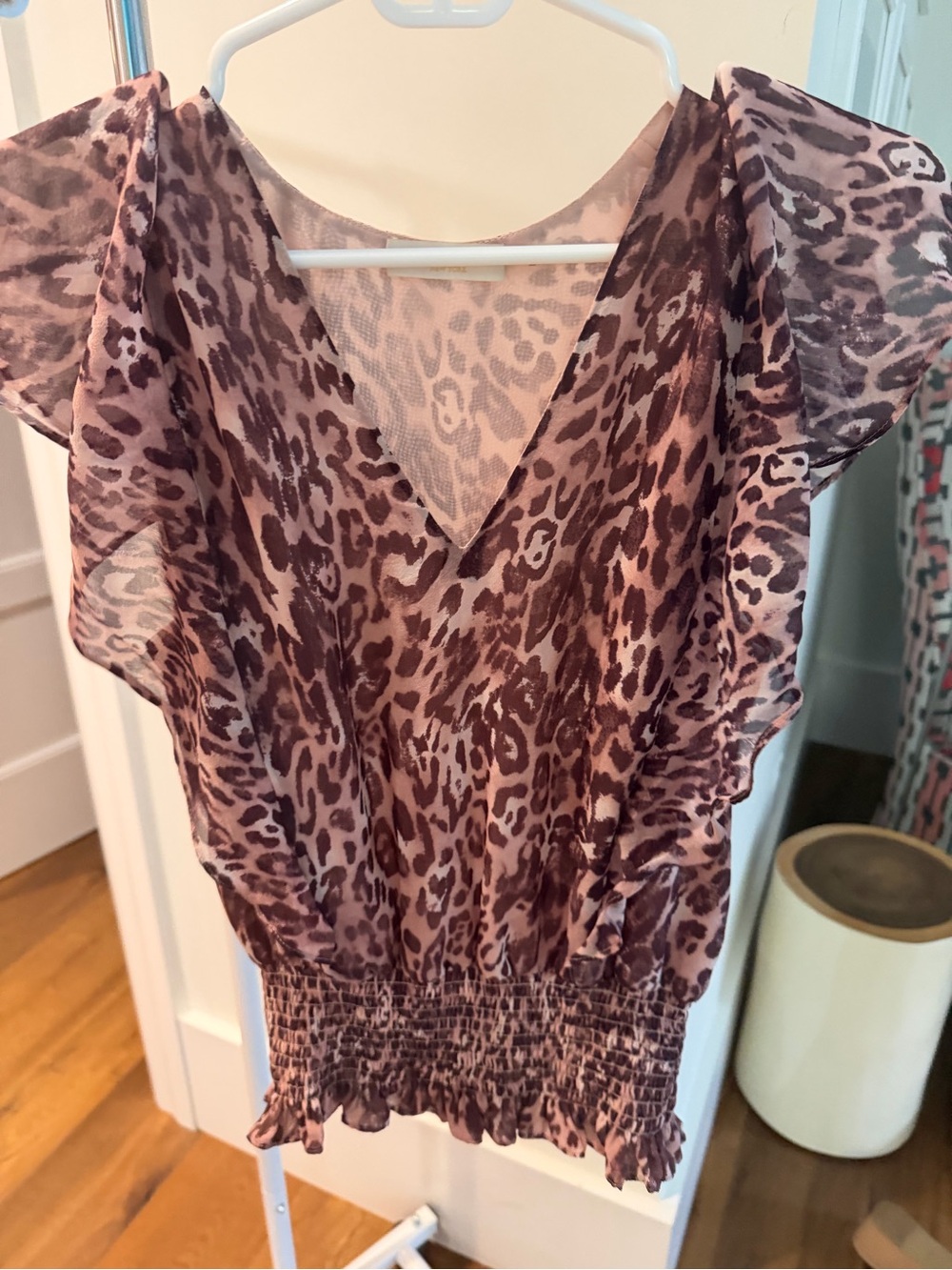 Ramy Brook Pink and Brown Leopard Print V-Neck Ruffle Blouse